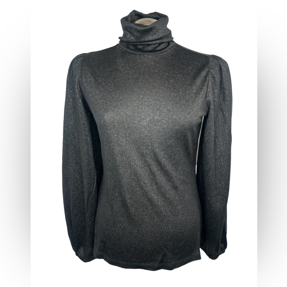 Sanctuary Anthropologie Blouson Sleeve Black Metallic Knit Turtleneck Top Size S